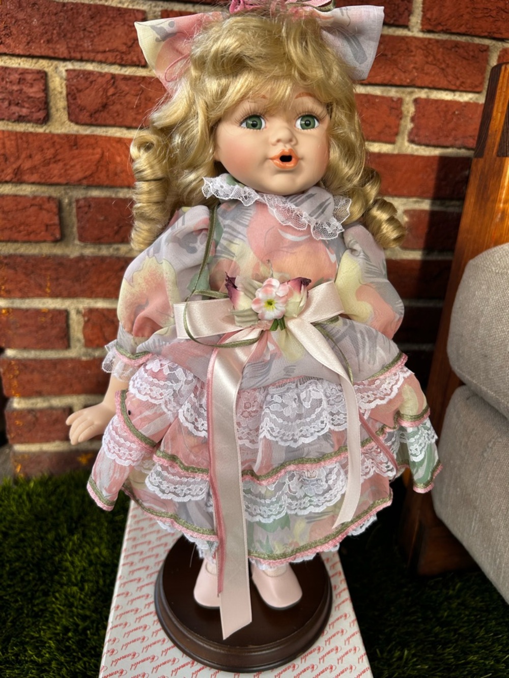 QVC Pink and Cream Porcelain Girl Doll with Lace Dress